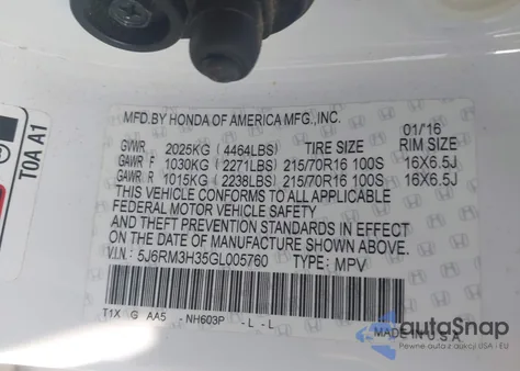 2016 Honda Cr-V Lx из США, поврежденный, VIN 5J6RM3H35GL005760